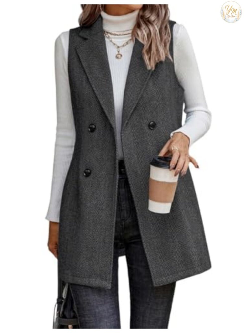 Women's Sleeveless Long Tweed Blazer Vest Double Breasted Notch Lapel Wool Blend